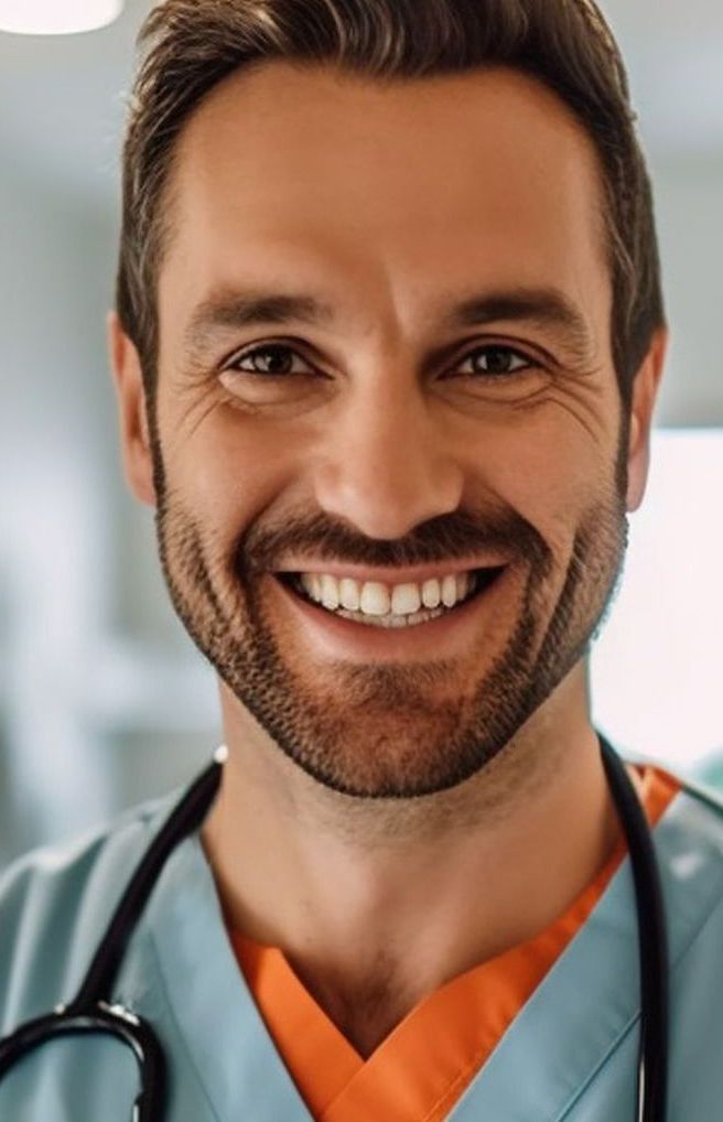 Um close de um médico sorridente com um estetoscópio em volta do pescoço.