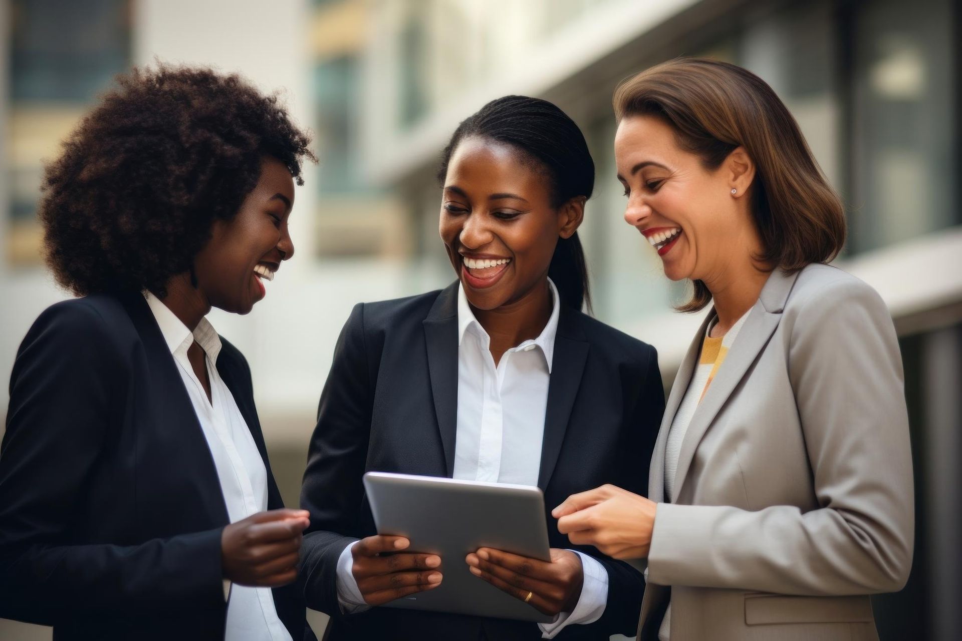 Three women in business suits laughing while looking at a tablet outdoors.