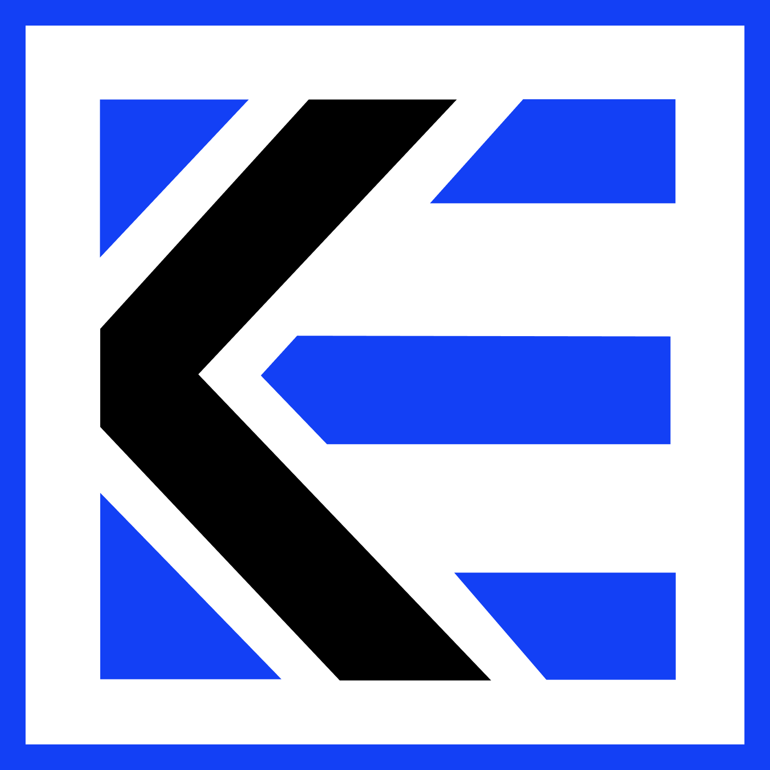 Blue and black stylized letter K or arrow logo on a white square background