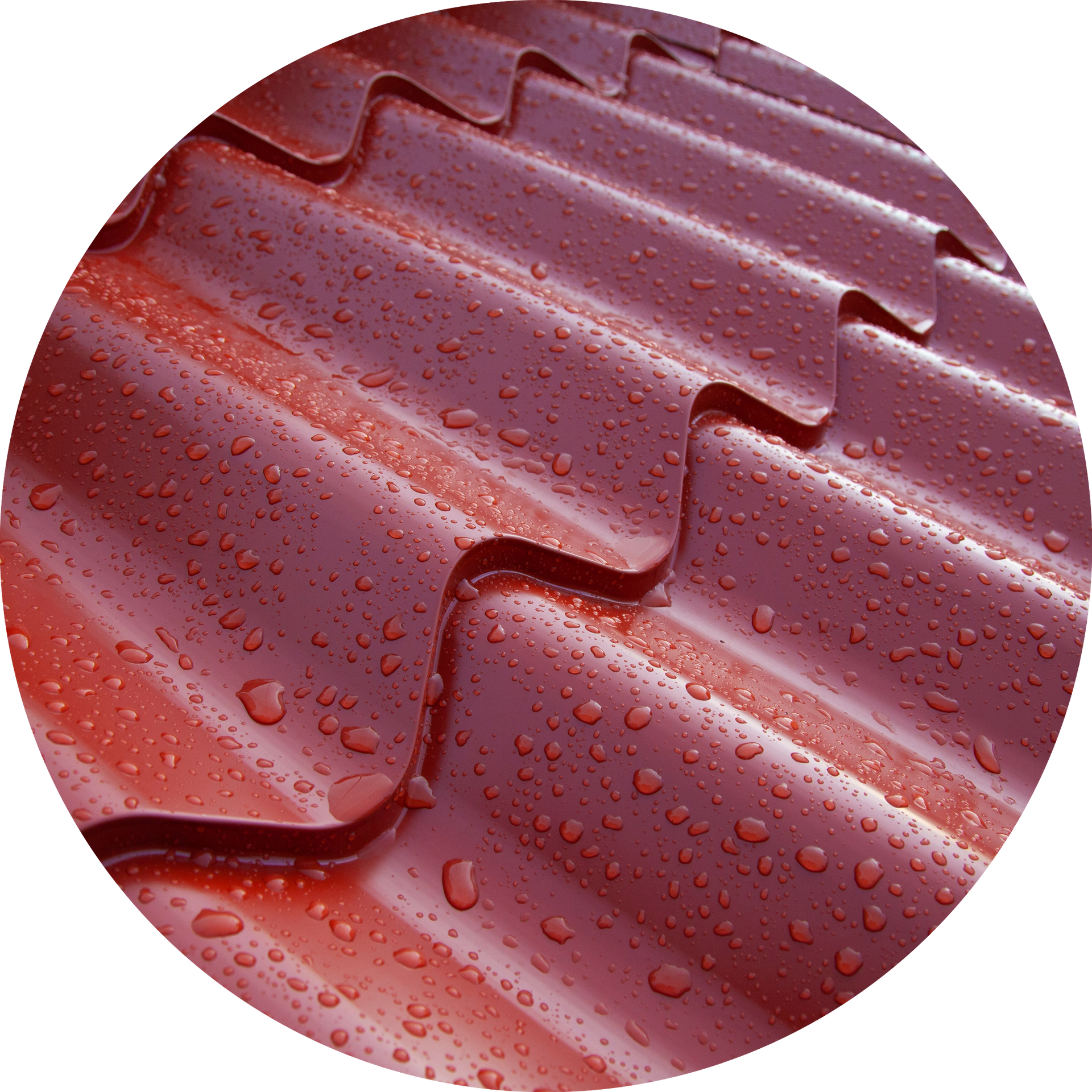 A close up of a red roof with water drops on it