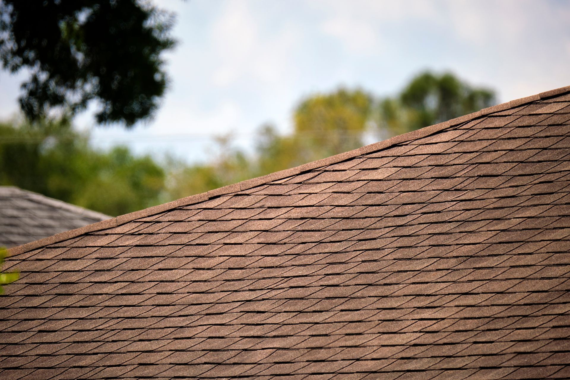 A close up of a brown roof with trees in the background.