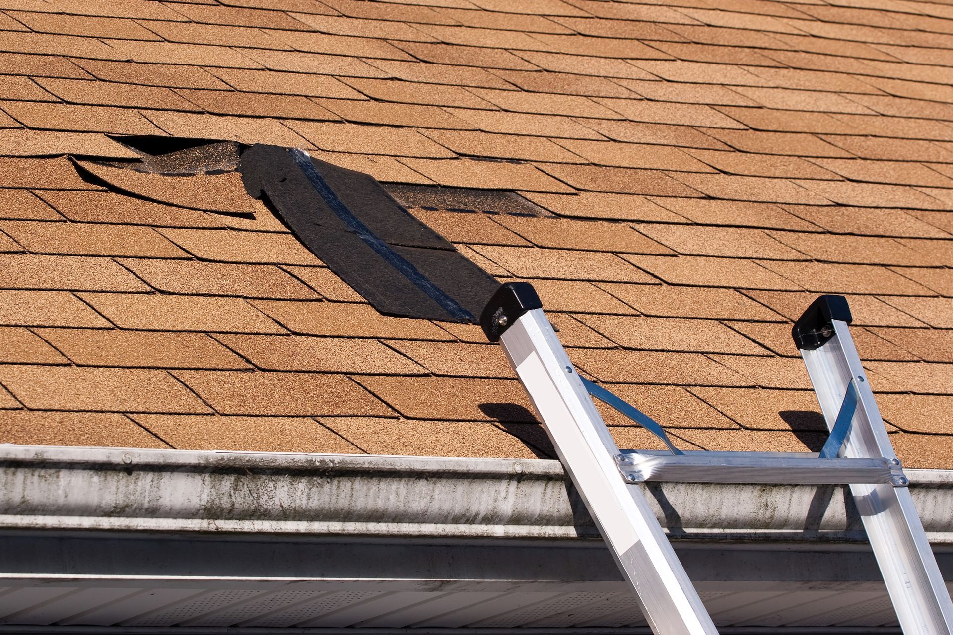 A ladder is leaning against a roof with a hole in it.