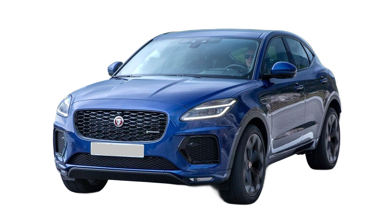 Blue Jaguar E-Pace SUV, front view. Black wheels and grille, set against a white background.