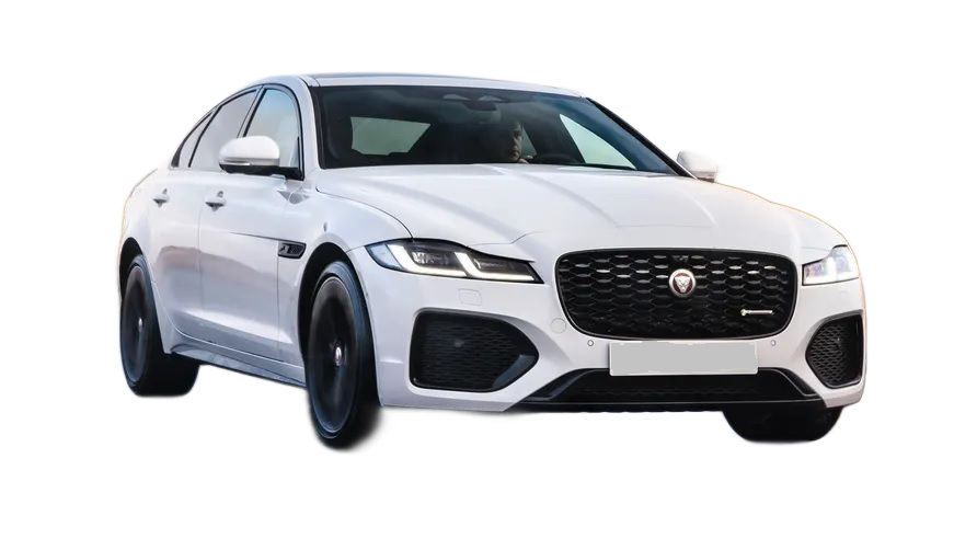 White Land Rover driving through a snow-covered forest. The vehicle's headlights are on, and a driver is visible.