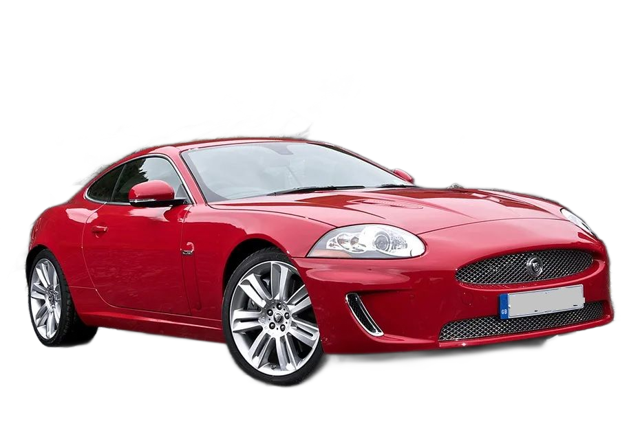 Red Jaguar XK coupe.