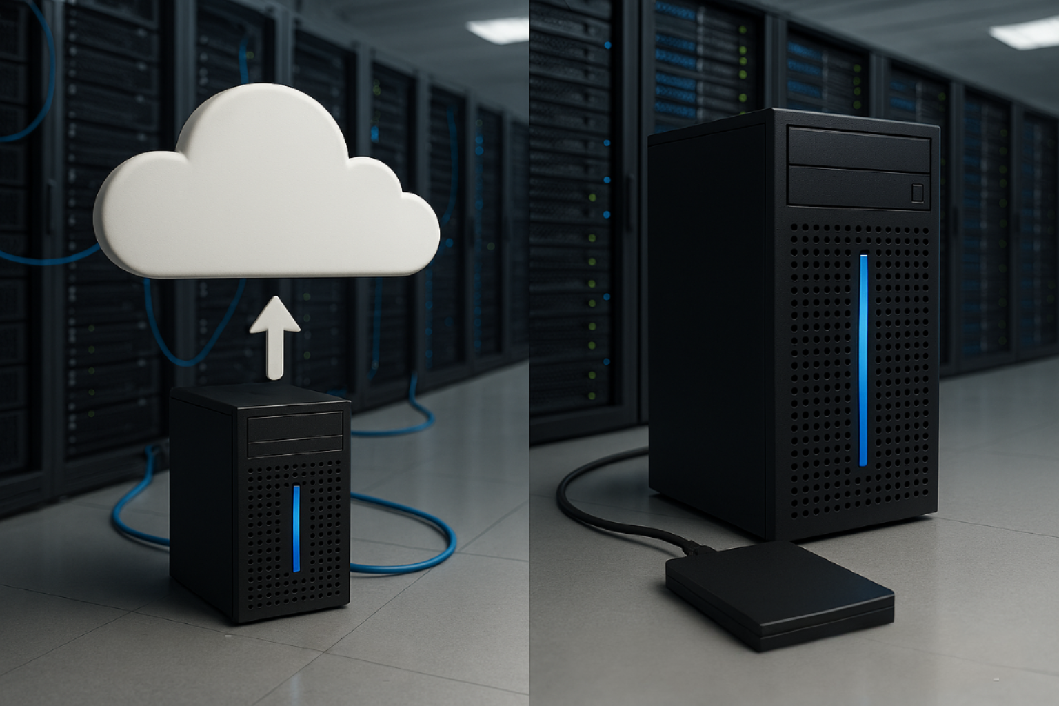 Visual comparison of cloud backup and on-premises backup with servers and a cloud icon.