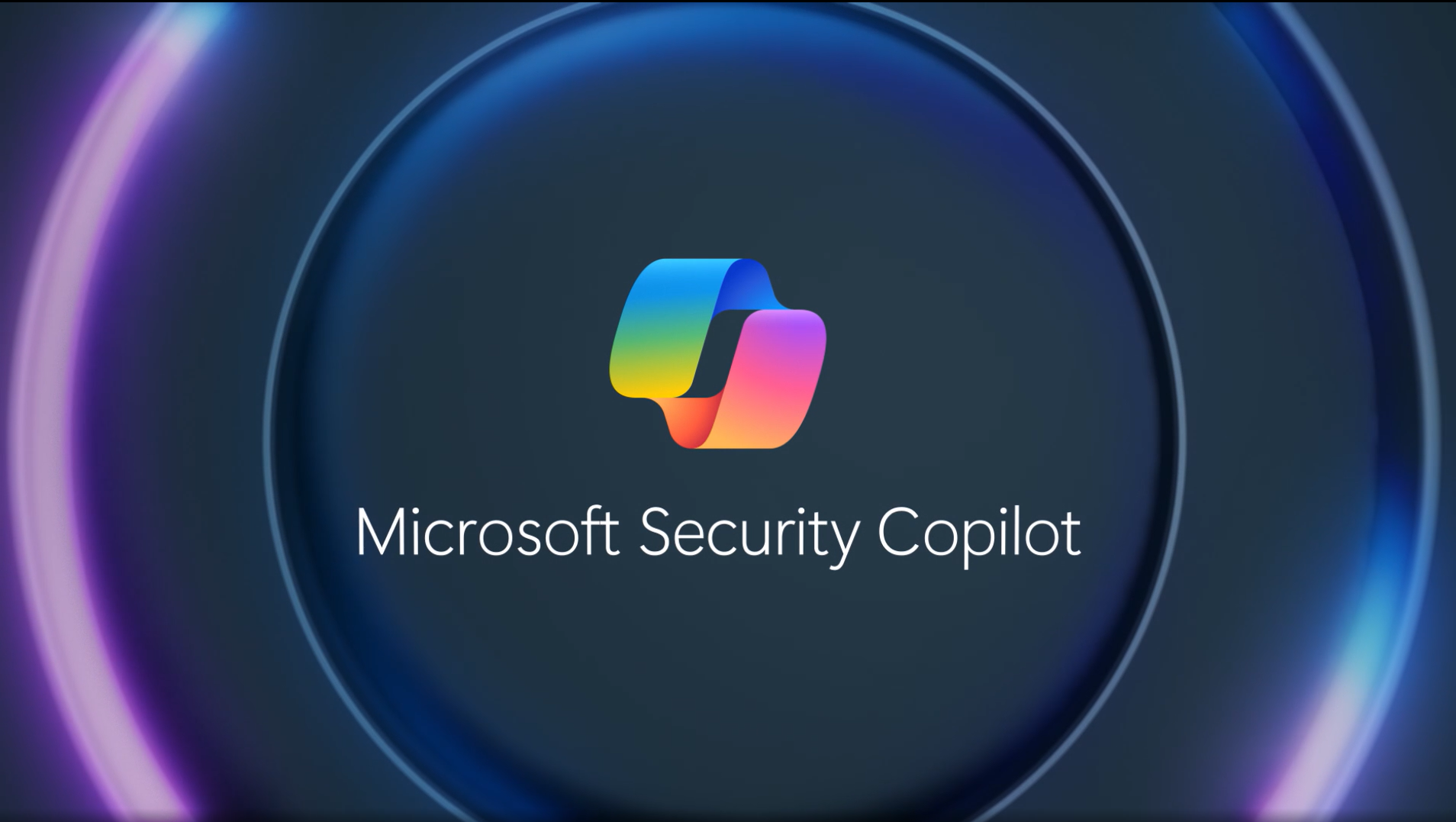 Microsoft Copilot logo and text on a black background surrounded by purple and blue hues.