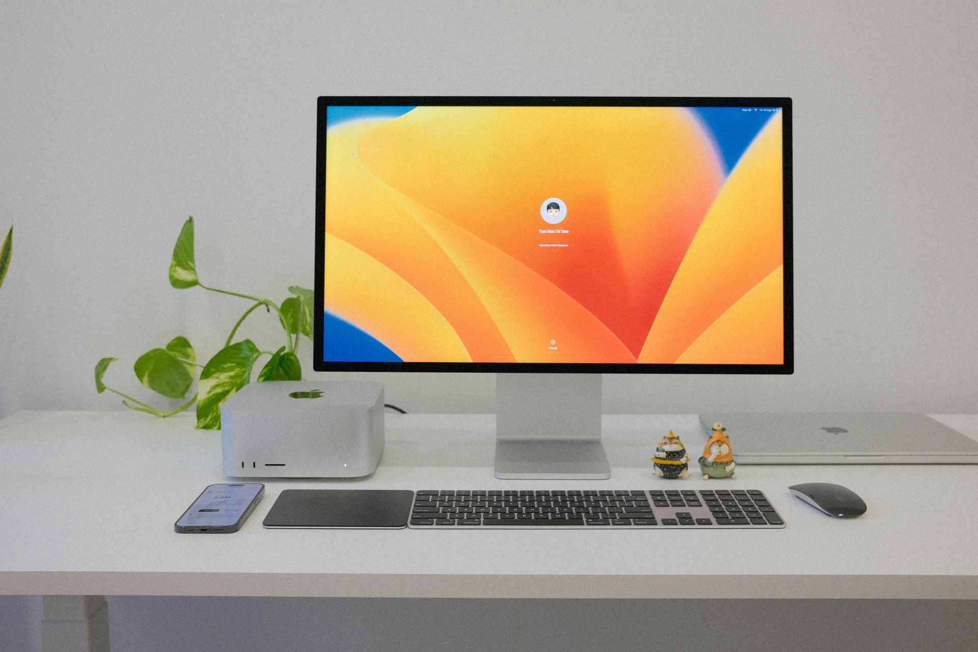 Minimal desk setup with a monitor, keyboard, mouse, phone, plant, and small figurines