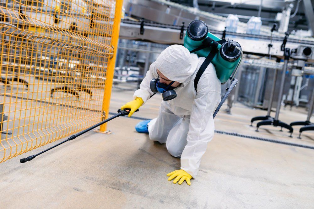 A Man in a Protective Suit is Spraying a Floor in a Factory — Territory Pest Control In Winnellie, NT