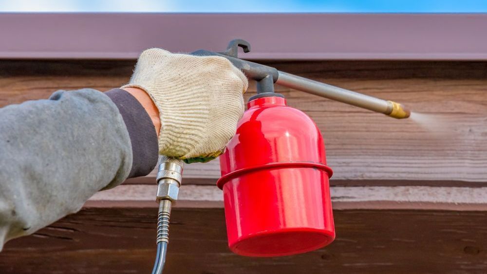 A Person Uses a Spray Gun to Apply Pest Control Treatment on a Wooden House — Territory Pest Control In Palmerston, NT