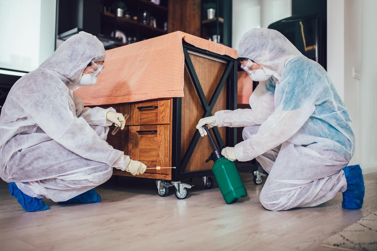 Two Men in Protective Suits Are Cleaning a Piano in a Living Room — Territory Pest Control In Winnellie, NT