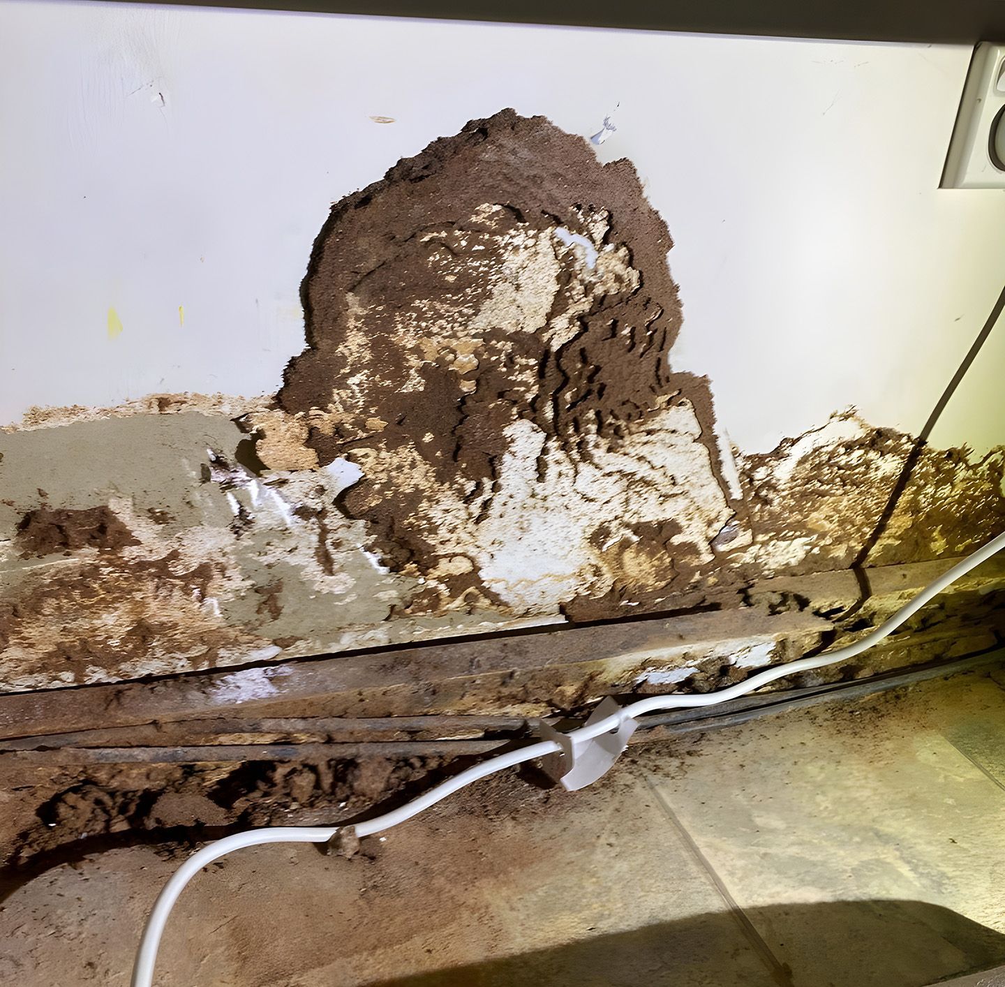 Termite Mud Nest On Interior Wall Near Floor And Wiring
