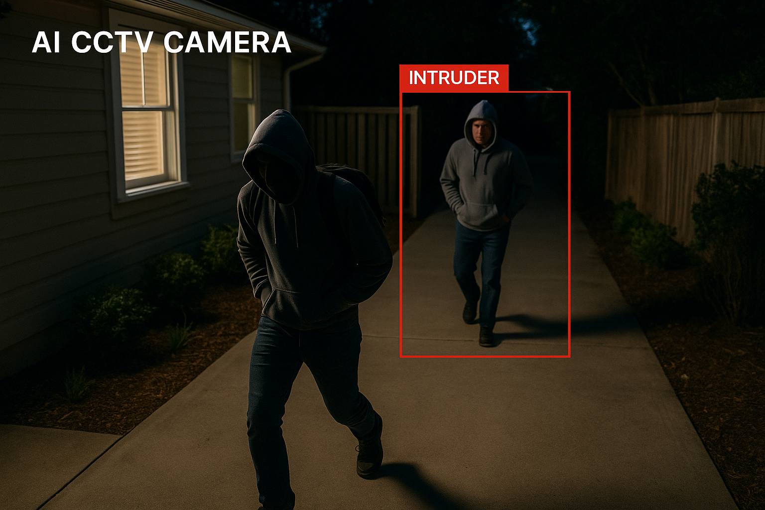 AI CCTV camera detects two hooded figures labeled as 