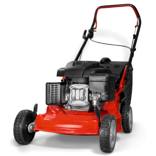 A red lawn mower with a black handle on a white background