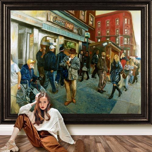 Young woman seated in front of John Varriano's figurative oil painting titled, 86th Rush. 