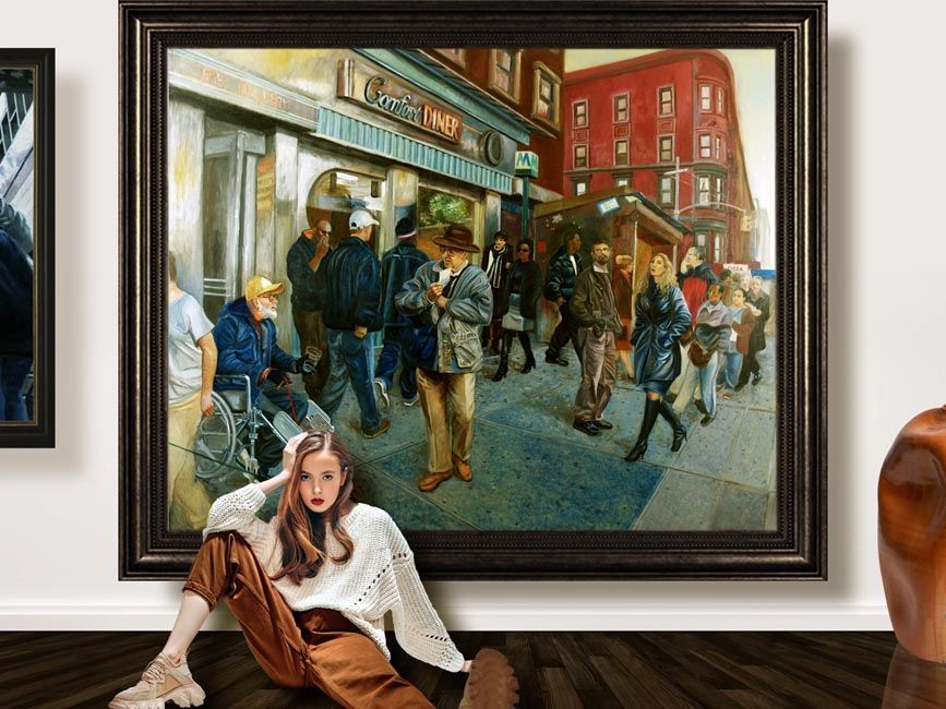 John Varriano's large figurative oil painting titled 86th Street Rush is shown in a gallery with a beautiful woman seated in front of the painting
