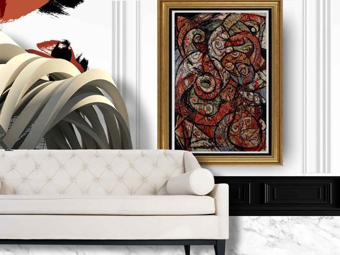 Modern white living room with abstract oil painting titled Cave Painting # 5 by John Varriano, American Artist