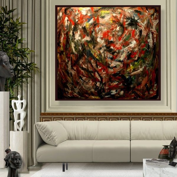 Contemporary grey living room with abstract oil painting titled 