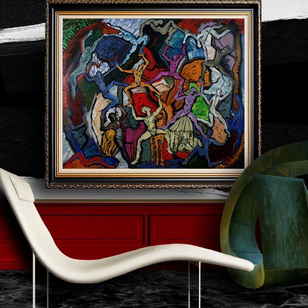 Contemporary living room with abstract oil painting titled 