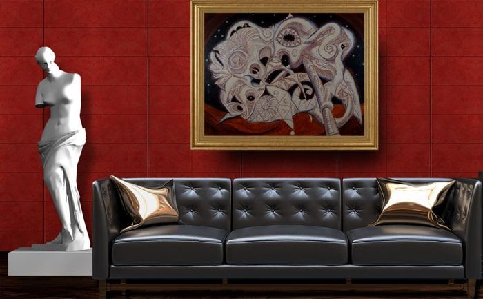 Dramatic red living room with abstract oil painting titled 