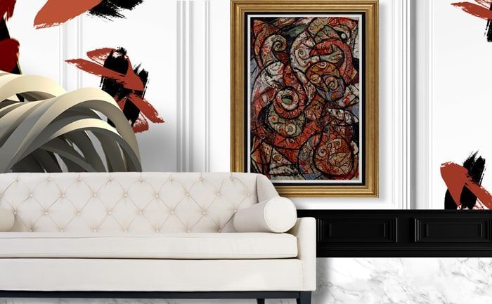 Dramatic white living room with abstract oil painting titled 