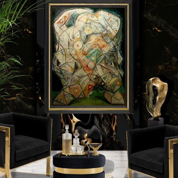 Elegant black living room with abstract oil painting titled 