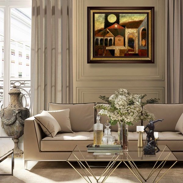 Elegant contemporary living room with abstract oil painting titled 