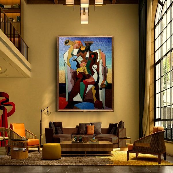 Gorgeous modern living room with large abstract oil painting titled 