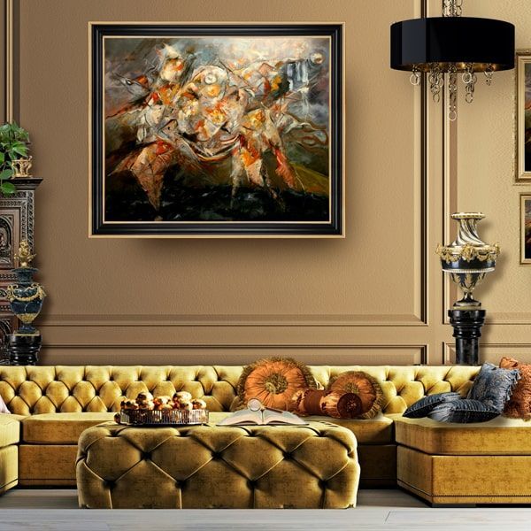Luxurious living room with abstract oil painting titled 