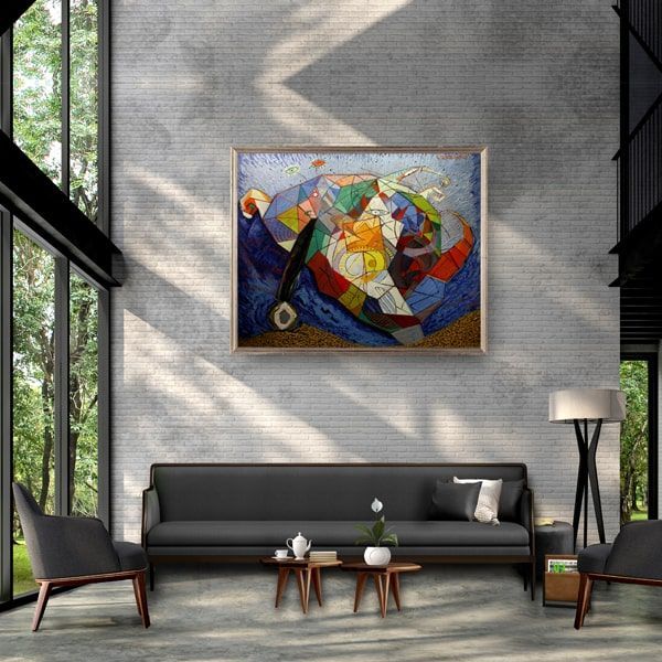Modern grey living room with abstract oil painting titled 