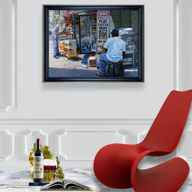 Painting titled News Stand by John Varriano American Artist on a white wall behind a red chair