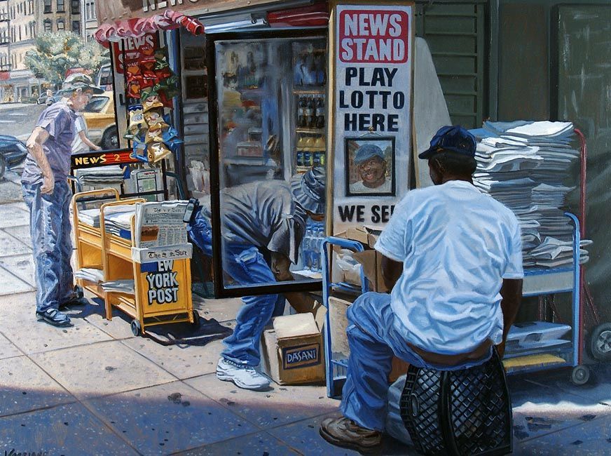John Varriano, American Artist Figurative Oil Painting Titled, News Stand