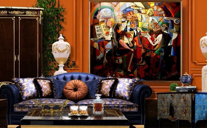 Opulent living room with abstract oil painting titled 