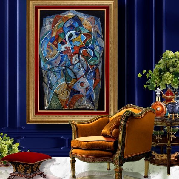 Opulent blue living room with abstract oil painting titled 