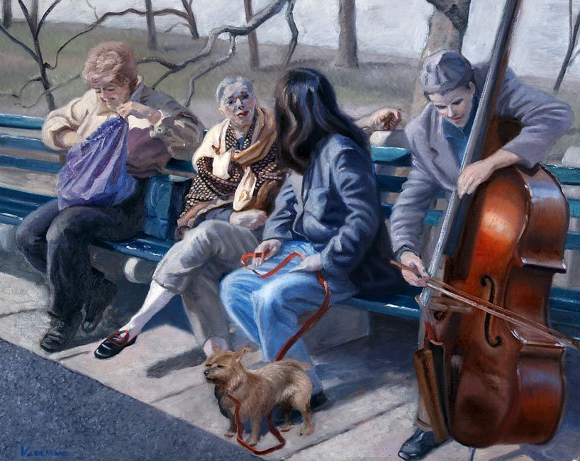 From artist John Varriano's series of city life oil paintings a figurative oil painting on canvas titled 