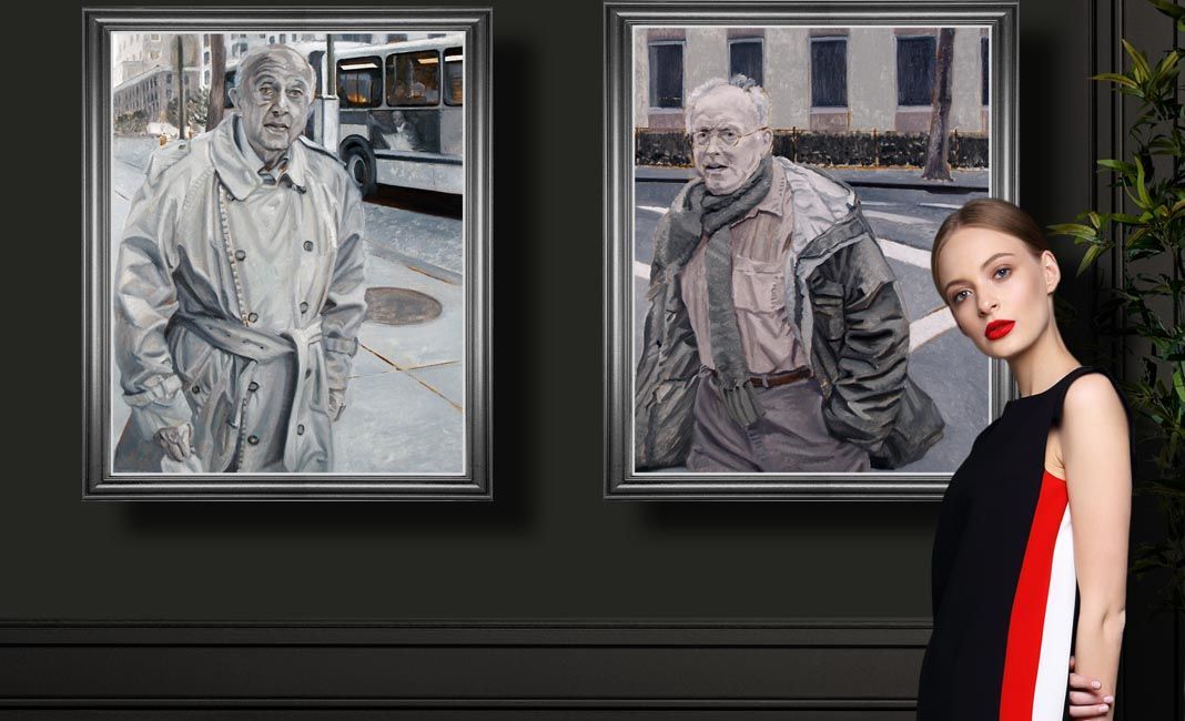 Pretty young woman in gallery standing in front of two figurative oil paintings by John Varriano, American Artist