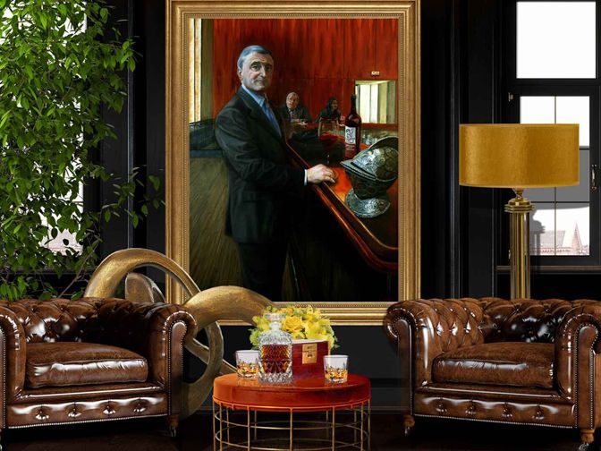 Elegant living room with figurative oil painting titled The Smirk by John Varriano, American Artist