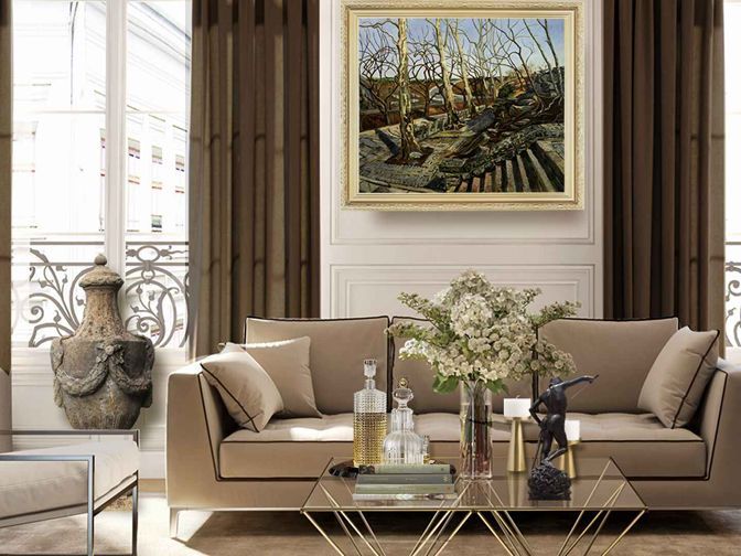 Contemporary living room with landscape painting titled Winter Park by John Varriano, American Artist
