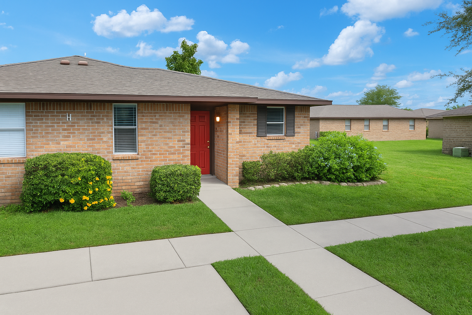 Brick apartment building with red door, green lawn, blue sky.