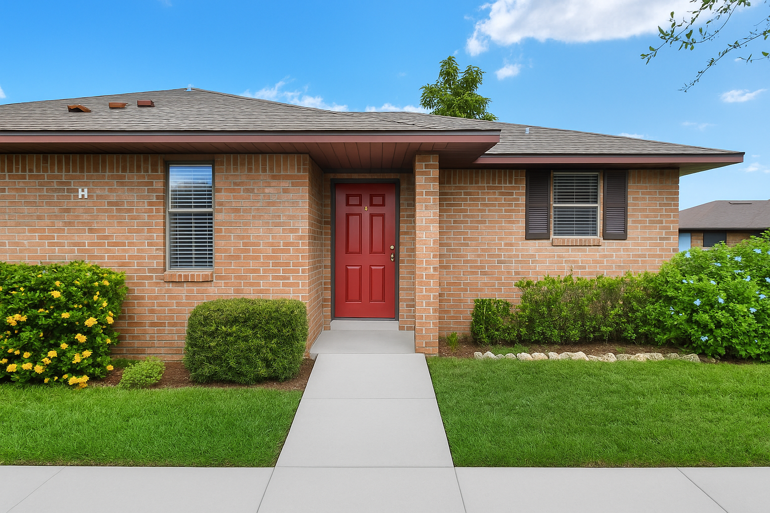 Brick house with red door, windows, and green bushes on a sunny day.