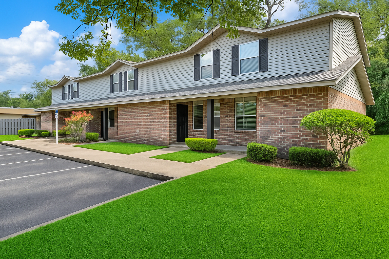Two-story brick apartments with green lawn, black shutters, and parking lot on a sunny day.