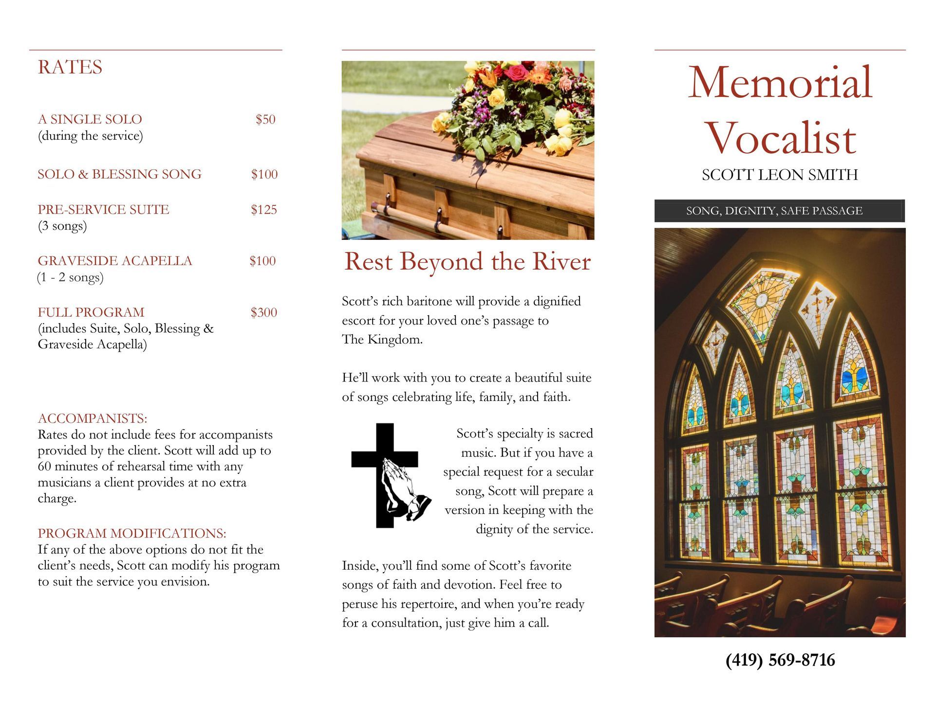 A brochure for a memorial vocalist shows a coffin and a stained glass window.