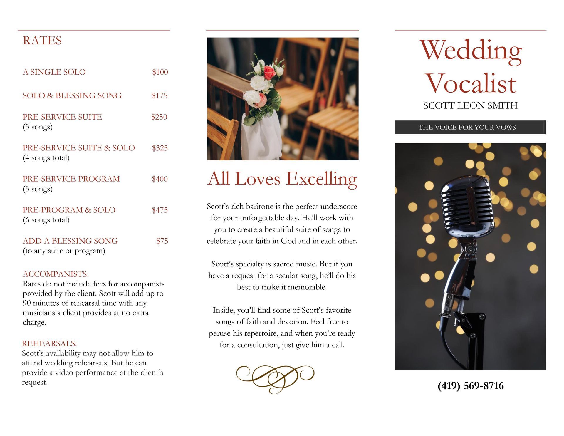 A wedding brochure for a wedding vocalist with a picture of a microphone.