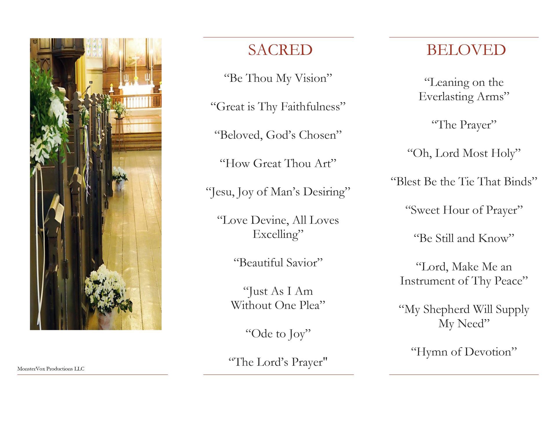 A pamphlet that says sacred and beloved on it