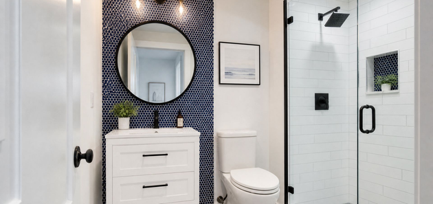 small bathroom remodel with small black tiles 