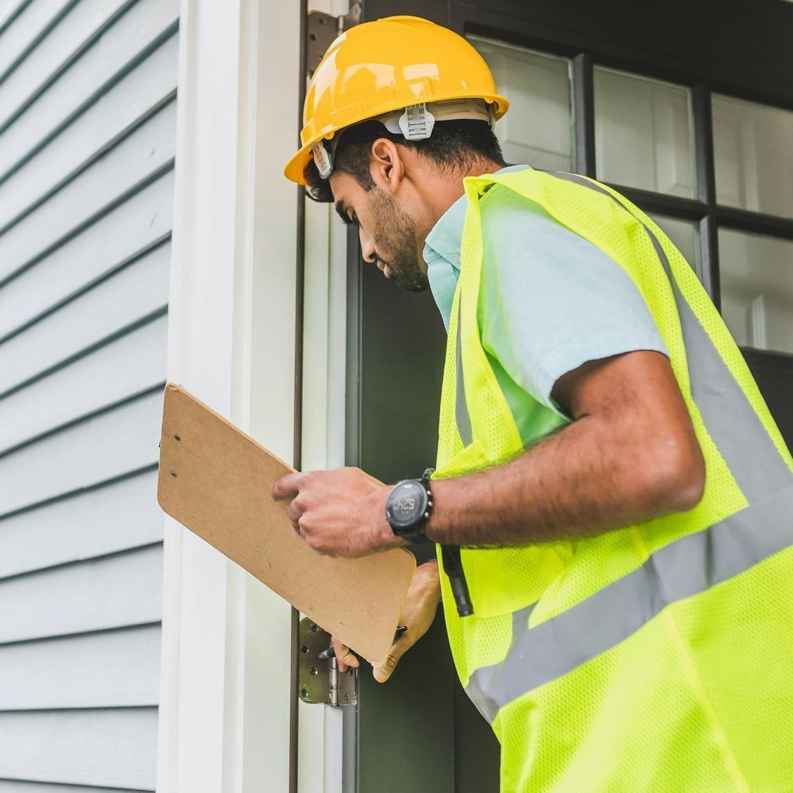 A man wearing a hard hat and safety vest is looking at a clipboard.