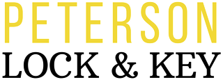 The logo for peterson lock and key is yellow and black on a white background.