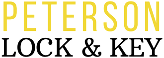 The logo for peterson lock and key is yellow and black on a white background.