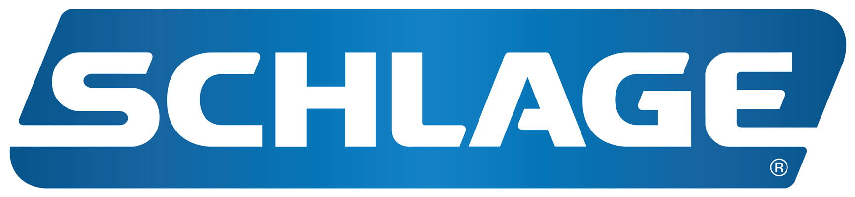 A blue and white schlage logo on a white background