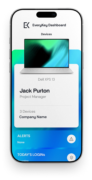 Smartphone screen displaying an EveryKey Dashboard with a laptop graphic and user information, blue and green gradient background.
